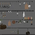 Wall Mounted Kitchen Utensils Including Spatulas Cutting Boards And Spice Jars On Hanging Racks