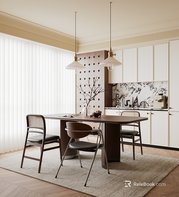 Modern Restaurant Interior With Wooden Dining Table Wicker Chairs And Pendant Lights 3d model 