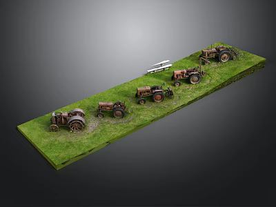 Vintage Tractor Models Arranged On Green Grass With Small Bus 3d model
