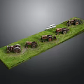 Vintage Tractor Models Arranged On Green Grass With Small Bus