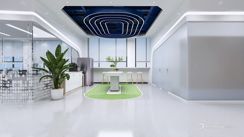 Bright Modern Office Pantry With Large Windows Stylish Ceiling Light And Comfortable Bar Stools 3d model 