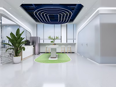 Bright Modern Office Pantry With Large Windows Stylish Ceiling Light And Comfortable Bar Stools 3d model