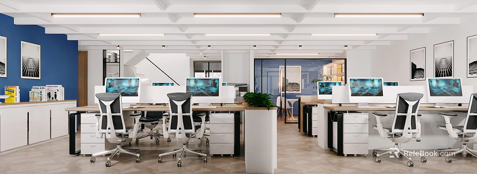 Modern Public Office Space Interior With Workstations Computers Ergonomic Chairs And Green Plants 3d model