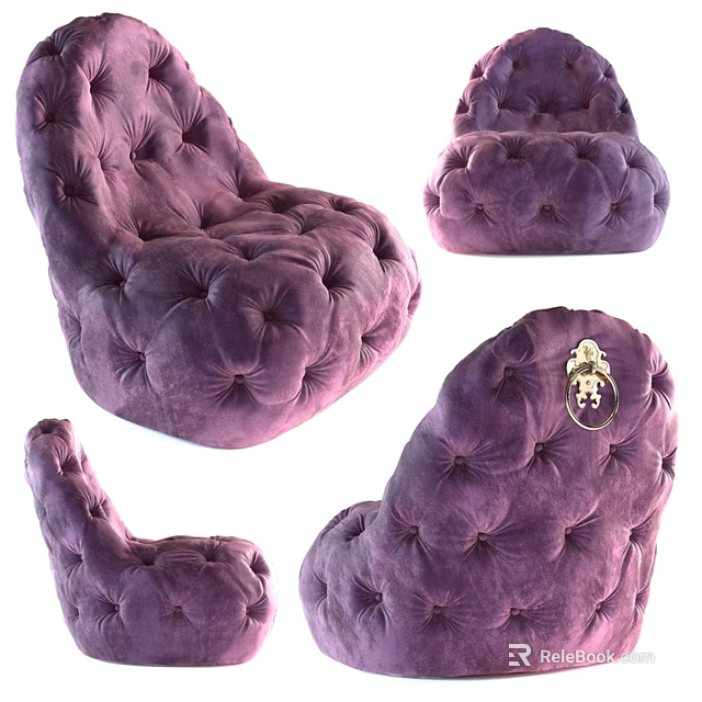 Purple Velvet Accent Chair With Button Tufted Design And Metal Ring Detail 3d model 