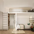 Modern Apartment Bedroom Interior With Loft Bed Ladder White Walls And Wooden Floor