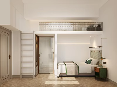 Modern Apartment Bedroom Interior With Loft Bed Ladder White Walls And Wooden Floor 3d model