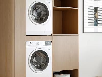 White Washing Machines In Wooden Cabinet With Open Storage Shelves 3d model