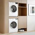 White Washing Machines In Wooden Cabinet With Open Storage Shelves