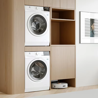White Washing Machines In Wooden Cabinet With Open Storage Shelves 3d model