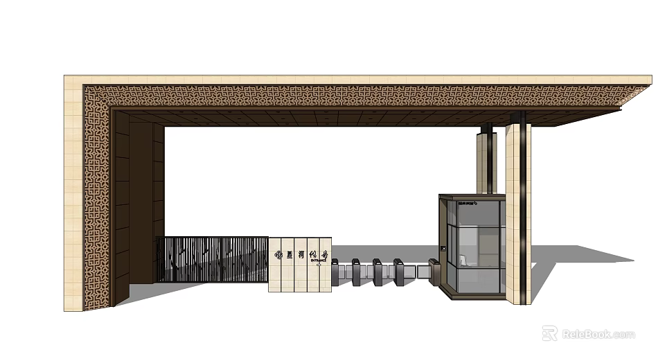 Modern Entrance Gate Design With Wooden Frame Metal Structure And Security Columns 3d model 