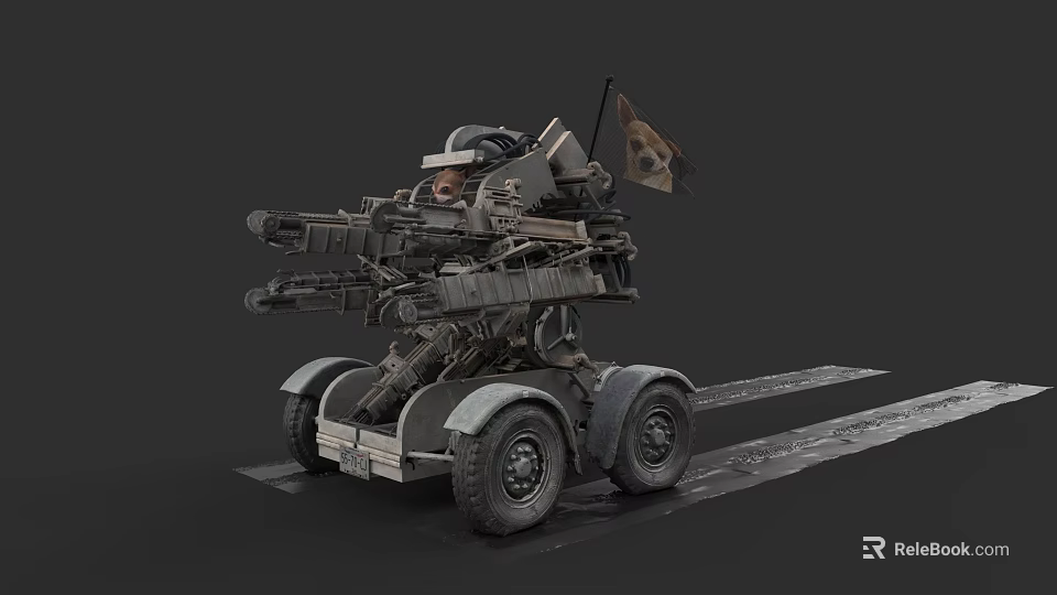 Armored Mechanical Combat Vehicle Featuring Multiple Cannons Wheels Cockpit Flag And Gray Armored Body 3d model 