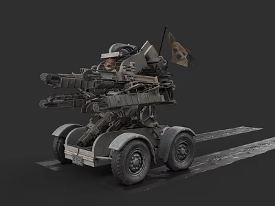 Armored Mechanical Combat Vehicle Featuring Multiple Cannons Wheels Cockpit Flag And Gray Armored Body 3d model