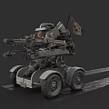 Armored Mechanical Combat Vehicle Featuring Multiple Cannons Wheels Cockpit Flag And Gray Armored Body