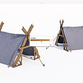 Two Outdoor Camping Tents With Wooden Frames And Blue Canvas Covers
