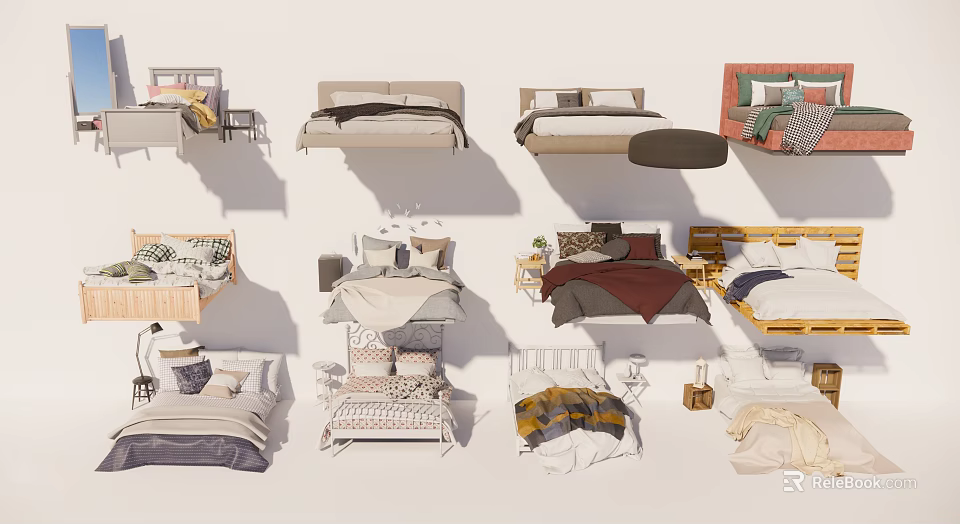 Diverse Double Bed Designs Featuring Different Headboards Pillows And Bedside Tables 3d model