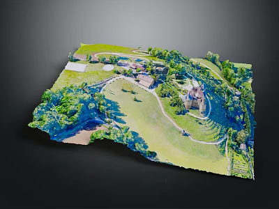 Beautiful Cartoon Scene with Green Grass Path Trees Small Houses and Castle 3d model