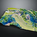 Beautiful Cartoon Scene with Green Grass Path Trees Small Houses and Castle