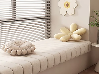 Round Pom Pom And Flower Shaped Pillows On Beige Bench By Window 3d model