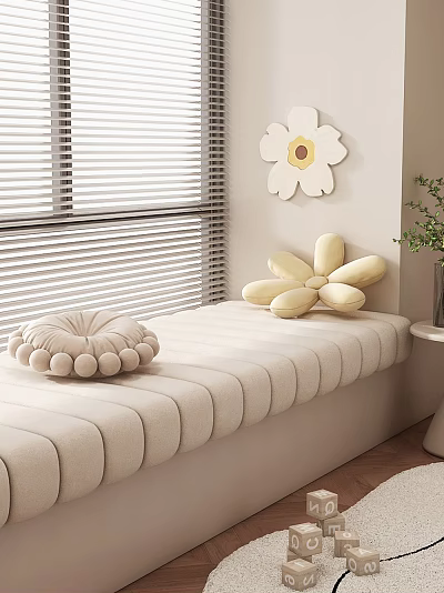 Round Pom Pom And Flower Shaped Pillows On Beige Bench By Window 3d model