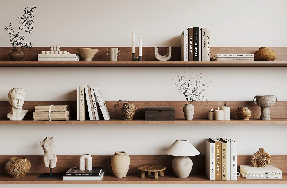 Wooden Shelf Decorative Ornament Set With Books Vases Candle Holders Sculptures And Table Lamp 3d model 