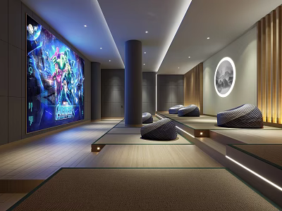 Modern Home Theater with Large Screen Curved Sofas Wooden Flooring and Ceiling Light Strips 3d model