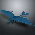 Blue Dragon with Large Wings in Dynamic Flying Pose Against Dark Background