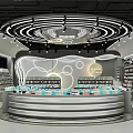 Modern Retail Store with Circular Counter Curved Backdrop Lighting and Product Display Shelves