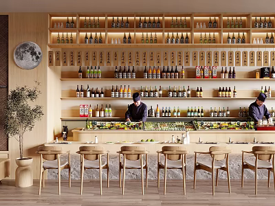 Warm Restaurant Space Featuring Bar Counter Shelves Bottles Staff Wooden Chairs Plant And Moon Decoration 3d model