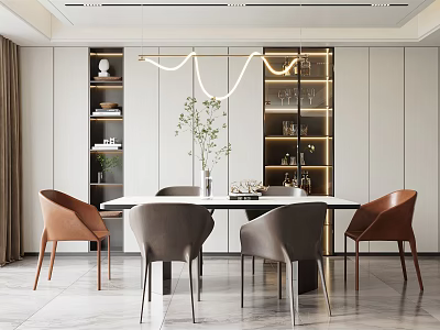 Elegant Modern Restaurant Interior With Dining Table Chairs Pendant Light And Display Cabinet 3d model