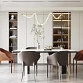 Elegant Modern Restaurant Interior With Dining Table Chairs Pendant Light And Display Cabinet