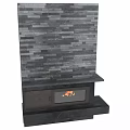 Modern Fireplace Design With Gray Stone Tile Wall And Burning Fire 3d model