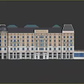 Classical Style Building Featuring Light Colored Facade Blue Roof Multiple Windows And Curved Corner