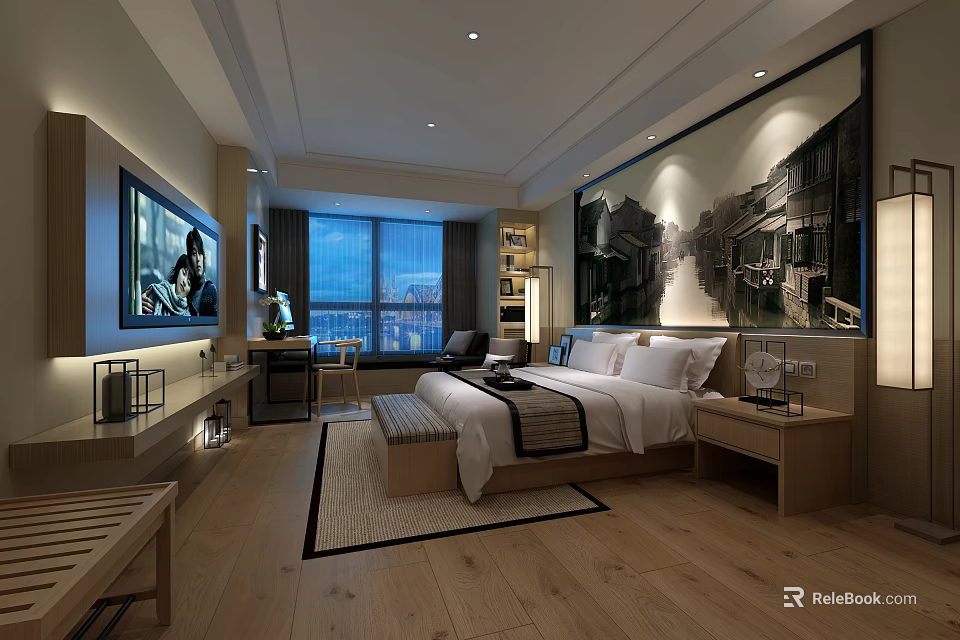 Modern Hotel Room Interior With Comfortable Bed Window View And Wall Art 3d model 