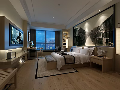 Modern Hotel Room Interior With Comfortable Bed Window View And Wall Art 3d model