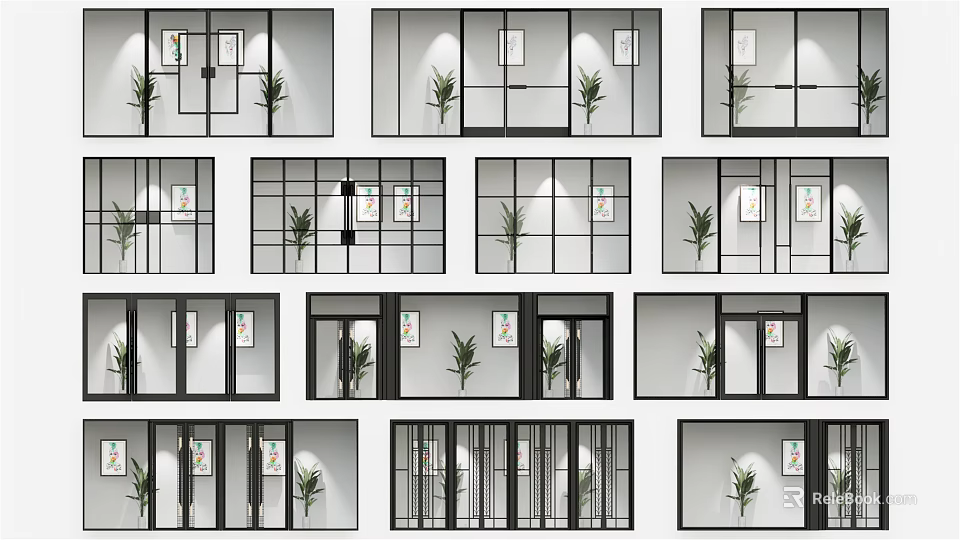 Various Glass Door And Window Designs With Indoor Plants And Wall Art 3d model 