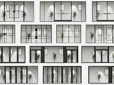 Various Glass Door And Window Designs With Indoor Plants And Wall Art 3d model