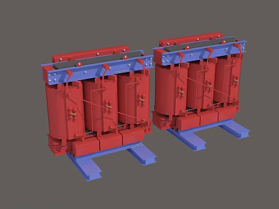 Two Red Three Phase Transformers with Blue Bases and Metal Frames 3d model