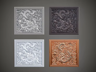 Intricate Decorative Square Carvings Featuring Dragon Patterns in Various Metallic Colors 3d model