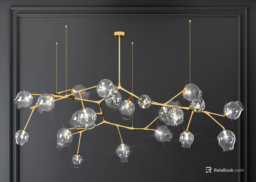Modern Branch Chandelier with Golden Metal Frame and Transparent Glass Balls for Interior Decor 3d model 