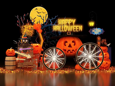 Halloween Photo Spot With Happy Halloween Sign Carved Pumpkin And Wheel Decorations 3d model