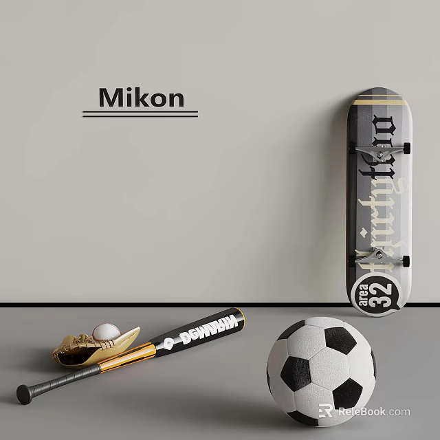 Mikon Sports Equipment Display With Skateboard Baseball Bat Baseball And Soccer Ball 3d model 