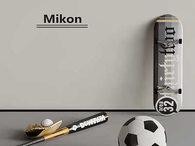 Mikon Sports Equipment Display With Skateboard Baseball Bat Baseball And Soccer Ball 3d model