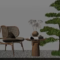 Woven Leisure Chair with Round Side Table Vase Books Green Pine Tree Grass Gravel Floor
