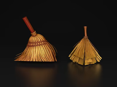 Straw Brooms with Wooden Handles in Different Sizes for Home Cleaning Tools 3d model