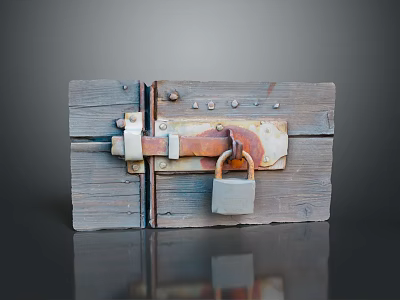 Vintage Wooden Door With Rusty Metal Lock And Hinges On Dark Surface 3d model