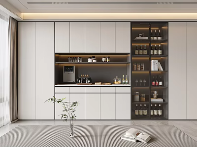 Modern Built in Wine Cabinet With Glass Doors And Wine Bottle Storage In Kitchen Area 3d model