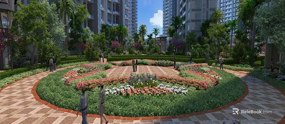 Garden Landscape With Circular Flower Bed Palm Trees And Pedestrians Near High Rise Buildings 3d model 