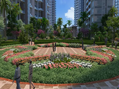 Garden Landscape With Circular Flower Bed Palm Trees And Pedestrians Near High Rise Buildings 3d model