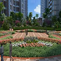 Garden Landscape With Circular Flower Bed Palm Trees And Pedestrians Near High Rise Buildings