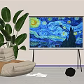 TV Displaying Starry Night Painting With Large Green Plant And Bean Bag Chair